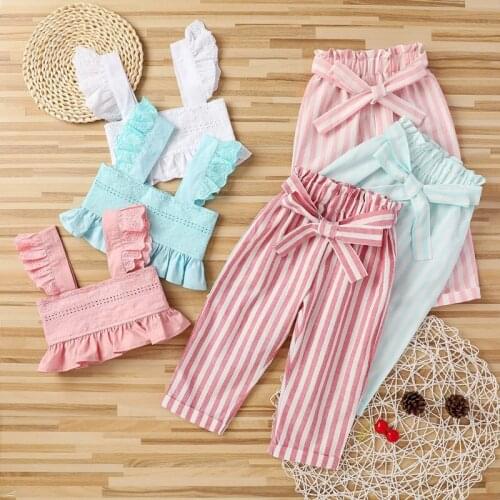 Summer Childrens Girl Clothes Set Fashion Outfits Girl Sleeveless Short Blouse Vest+Loose Striped Long Pants Casual Costume Set