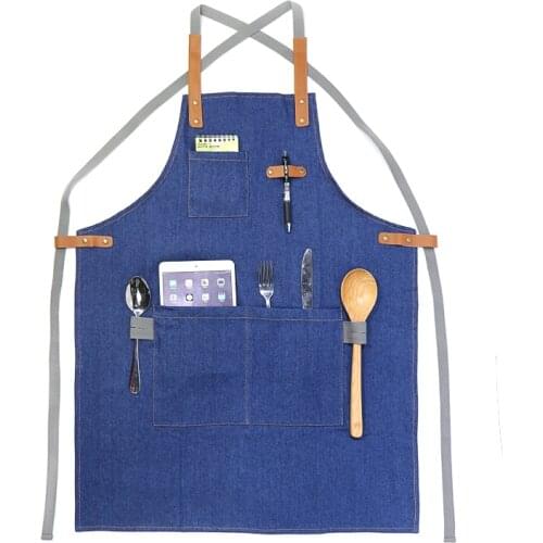 Multi functional blue denim apron with leather blet three simple pockets professional apron for cook in kitchen