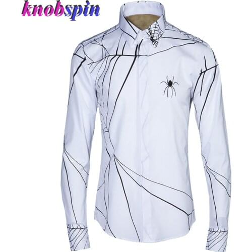 Gothic Style Cobweb Printed Shirt men 2019 Fashion Slim Casual Chemise homme long sleeve 80% Cotton Business male Dress shirts