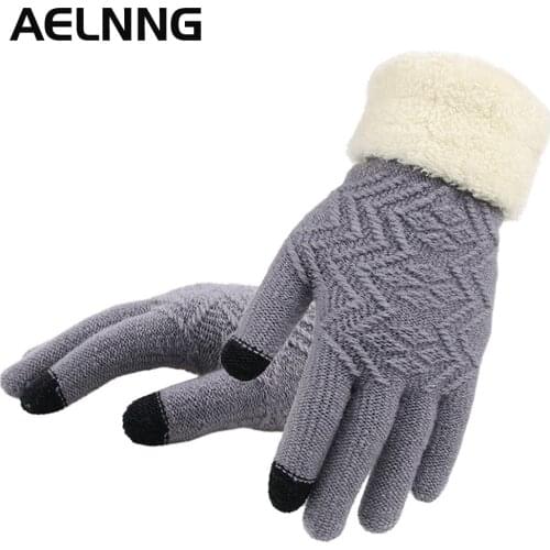 New Winter Touch Screen Knitted Gloves Womens Thick Plush Keep Warm Mittens Female Fashion Glove GLV009