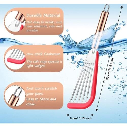 2 PCS Flexible Slotted Stainless Steel Spatula Blade the Blade Slot with Silicone Soft Top Side Shovel Handle Gold Red