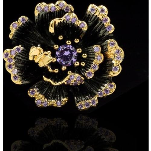Original new retro sunflower high-end flower crystal exaggerated black and gold double color attending cocktail party ring
