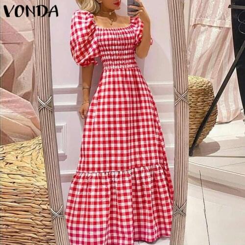 VONDA Women Pleated Maxi Dress Casual Short Sleeve Square Collar Vintage Plaid Party Dresses Bohemian Vestidos