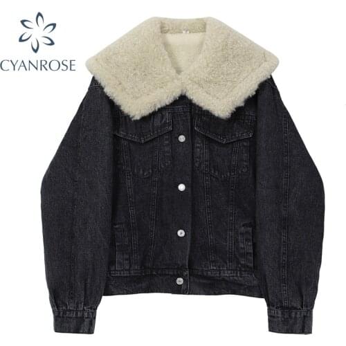 Casual Thick Warm Winter Coat For Women Autumn Pockets Long Sleeve Lamb Wool Jeans Denim Jackets Snow Basic Female Outerwear