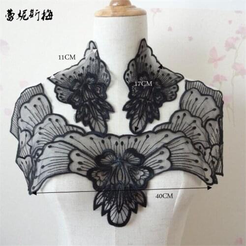 2Sets 17X40cm three-pieces Black Polyester Net Floral Flower Motif Venise Lace Collar Lace Shoulder Trim Lady Dress Decor YL0070