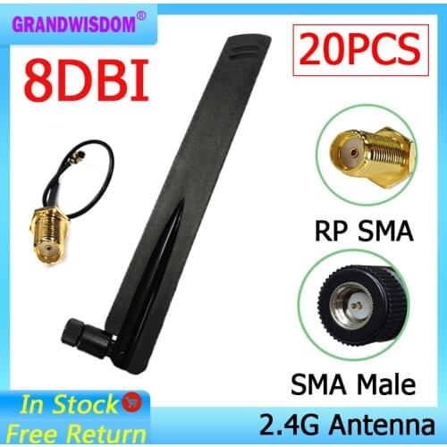 20pcs 2.4Ghz Wifi antenna 8dbi SMA Male Omni-Directional 2.4 ghz antenne Router wi fi Antena +21cm RP-SMA Male Pigtail Cable