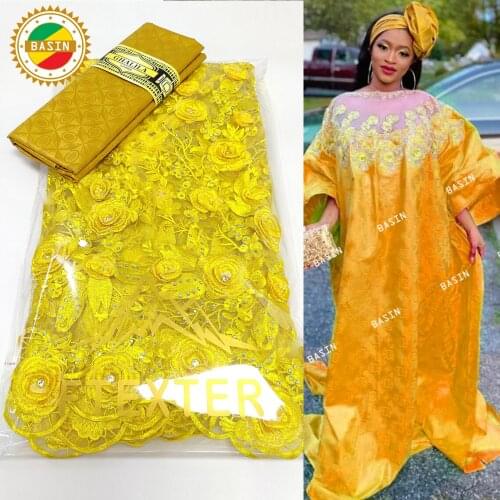 Yellow Big Rhinestones Net Lace With Guipure Bazin Riche Fabrics French Basin Riche Wedding Women Dresses Net Lace With Stones