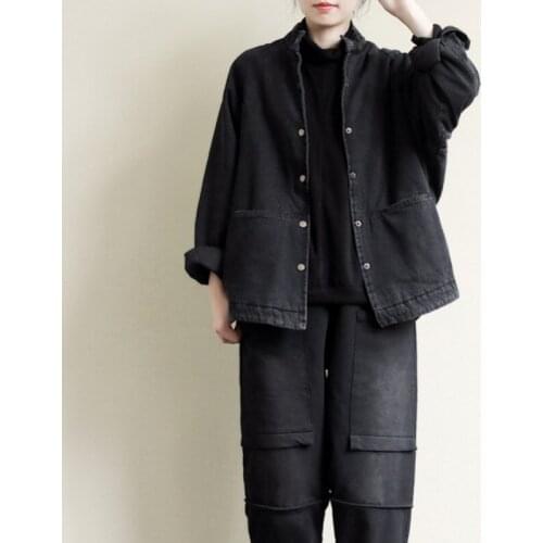 Japan Style College Sweet Washed Loose Thicken Cotton Denim Coat Female Autumn Winter Black Long Sleeve Cowgirl Jacket M L