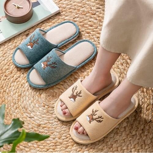 House Women Hemp Slippers Cute Cartoon Deer Pattern Bedroom Cotton Flat Couples Shoes Spring Autumn Home Ladies Slippers