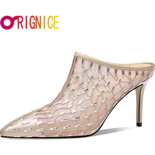 Orignice 2021 Breathable Mesh Women New Summer Mules Fashion Sexy Pointed Toe Slides Thin High Heels Party Dress Shoes Apricot