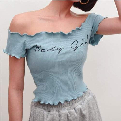 Women Off Shoulder Short Sleeve Crop Top With Lettuce Edge In Rib Baby Girl Print Bardot Crop T-shirt S665