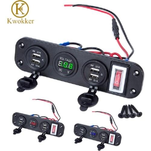 New 2pcs Dual USB Socket Charger 5V 2.1A + LED Voltmeter + ON-OFF Toggle Switch 4 in 1 Multi-Port USB Phone Car Fast Charger
