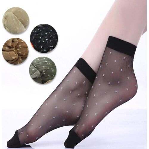 20Pcs=10Pair/Lot Ultra-Thin Crystal Silk Socks Women Breathable Spring Summer Sexy Socks Pure Color Dots Transparent Short Sock