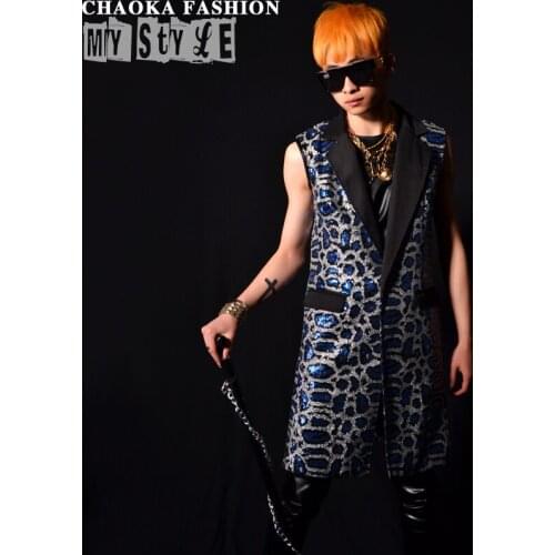 2015 Hot Sale Fashion Mens New Slim Singer Dj Gd Leopard Sequin Long Vest Stage Costumes Plus Size Dance Clothing