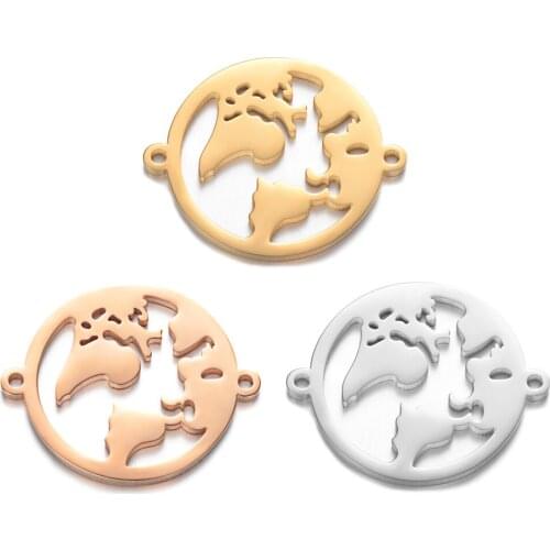 5pcs/lot 27*22mm Titanium Steel The World Map Pendant with Double Holes for Making Bracelet & Necklace Hollow Out Map Charm