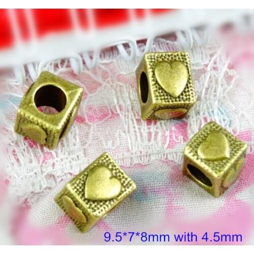50 pcs 3D Square Love Heart Beads,9.5*7*8mm European Beads 4.5mm Big Hole,Antique Bronze Metal,DIY Supplies - Free Shipping