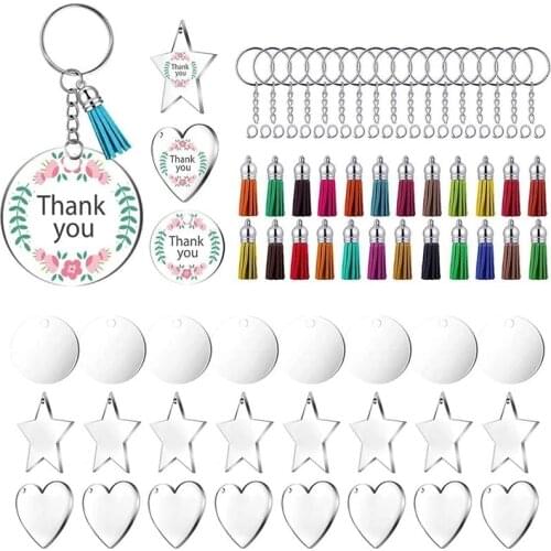 72Pcs/90Pcs Acrylic Clear Circle Discs Keychain Set Round Star Acrylic Keychain Blank Leather Tassel Pendant Jump Rings for DIY