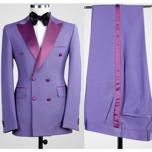 Noble Mens Tuxedos 2 Pieces Peaked Lapel Groom Double Breasted Wedding Blazer Suits Formal Prom Party Waist Coat(Jacket+Pants)