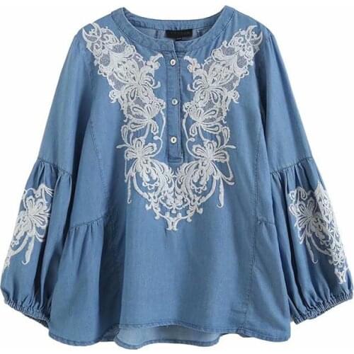 Long lantern sleeve denim blouse women embroidery denim shirt casual summer spring blue soft jeans tops and blouses mujer cotton