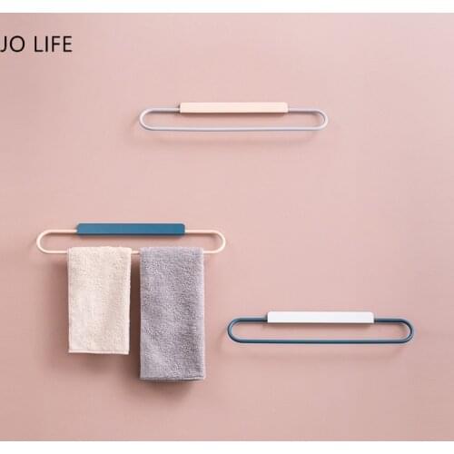 JO LIFE Nordic Stainless Steel Towel Holder Shelf Free Punching Wall Mounted Bathroom Hanger Rack Kitchen Storage Organizer