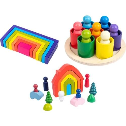 Kids Wooden Toys Large Rainbow Stacker Rainbow Building Blocks Educational Toys