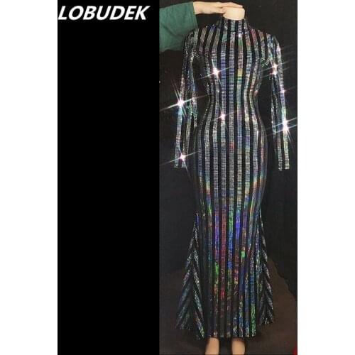 Winter Black Velvet Striped Sequined Long Dress Women Birthday Prom Celebrate Dresses Evening Party Singer Host Stage Costume