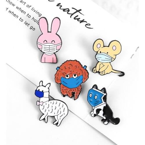 Cute Animals Mouse rabbit Dog cat Alpaca Enamel Pins wearing masks Keep healthy animal Brooches Badges Gifts for Friends Jewelry