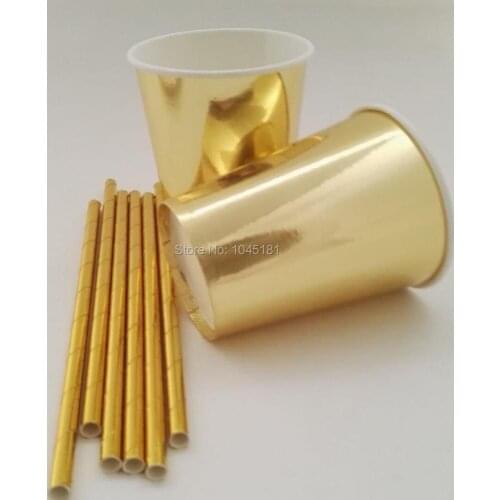 Ipalmay Gold Foil Drinking Tableware Disposable Paper Cups Straws Metallic Silver New Year Party Childrens Day Decor Supplies