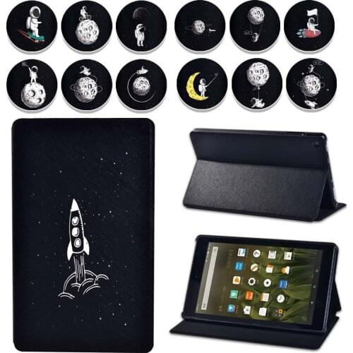 Soft Shell Leather Tablet Case for Amazon Fire7(2015/2017/2019)/HD 8(6/7/8th Gen)with Alexa - Astronaut Printed Flip Tablet Case
