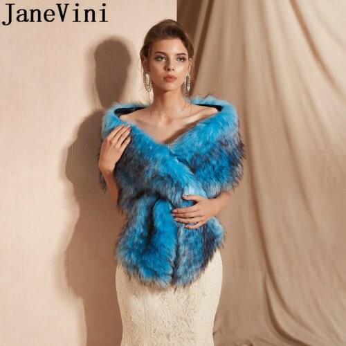 JaneVini Blue Bruids Cape Women Faux Fur Wrap Shawl Fake Fur Stola Bridal Bolero Winter Wedding Dress Capes Casaco Noiva 2019