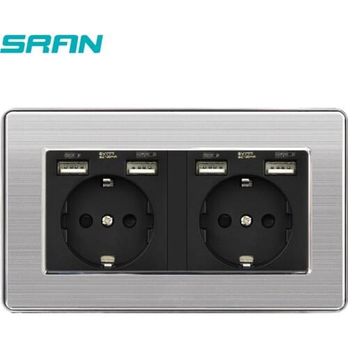 SRAN Wall 16A EU Standard Multi Way power socket with usb outlet strip 146mm*86mm stainless steel panel
