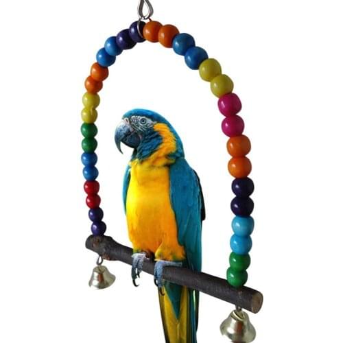 2 Sizes Natural Wooden Parrots Swing Toy Birds Colorful Beads Bird Supplies Bells Toys Perch Hanging Swings Cage For Pets