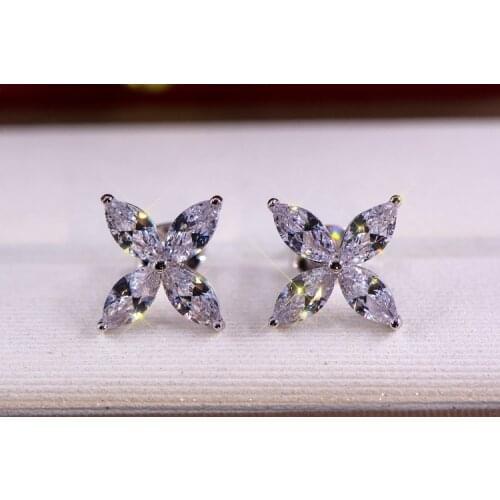 Double Fair Stud Earrings for Women Delicate Lucky Four Leaf Clover Cubic Zirconia Silver Color Party Fashion Jewelry 925 Silver