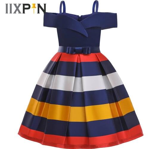 Princess Girls Dress Satin Off Shoulder Pleated Striped Dress Summer Kids Dresses for Girls Wedding Birthday Party Costume