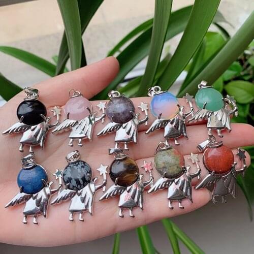 1PC Natural Gem Stone Pendant Healing Jewelry Lovely Angel Charm for Necklaces Cute Girl Amethysts Quartz Pink Crystal Pendant