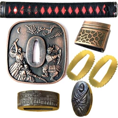 Samurai Theme Kirsite Sword Fittings for Katana/Wakizashi/Tanto Set Tsuba+Menuki+Fuchi+Kashira+Handle+Habaki+Seppa Metal Crafts