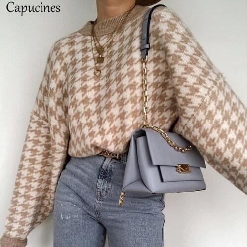 Capucines Vintage Houndstooth Woman Sweaters Autumn Winter Loose Drop Shoulder O Neck Casual Sweater Knitted Pullovers Femme