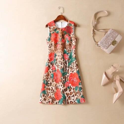 Womens European and American clothing 2021 summer new style Leopard print flowers sleeveless fashion Beaded dress