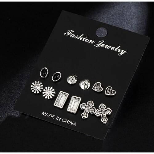 IF ME Vintage Crystal Stud Earring Sets Mixed for Women Retro Gold Silver Color Cross Heart Flower Shape Ear Jewelry Party Gift