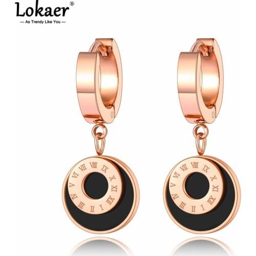 Lokaer Vintage Stainless Steel Roman Numerals Disc Hoop Earrings For Women Girls Trendy Shell & Acrylic Earrings Jewelry E21078