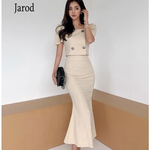 2021 Korean Autumn Women 2 Piece set Office OL Elegant Square collar short Sleeve crop Tops+High waist Mermaid Bodycon Skirt Set