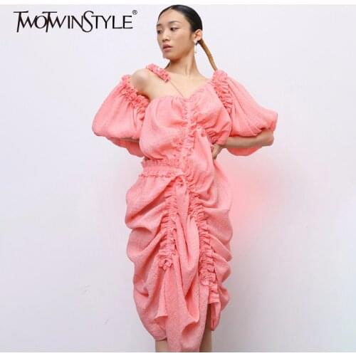 TWOTWINSTYLE Elegant Irregular Dress Women Asymmetrical Collar Lantern Half Sleeve High Waist Drawstring Dresses Female Clothes