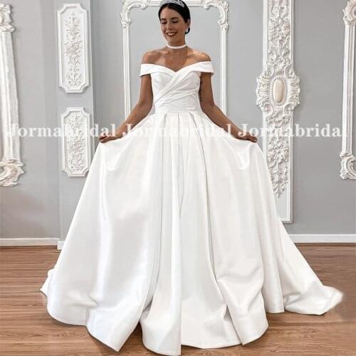 Boat Neck Satin Wedding Dresses A-Line Off Shoulder Corset White Bridal Gowns Drapped Skirt Bride Dress vestidos de boda