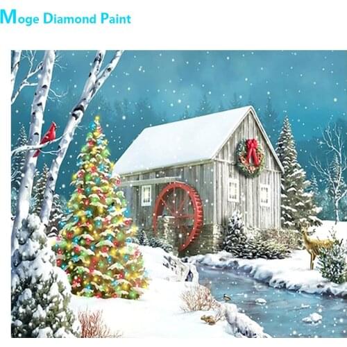 Winter Christmas Tree Mill Waterwheel Diamond Painting Oil Scenic Round Full Drill DIY Mosaic Embroidery 5D Cross Stitch Gifts