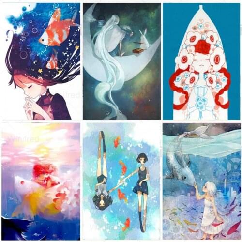 5D DIY Diamond Embroidery Cartoon Girl Fish Anime Painting Full Square/Round Mosaic Cross Stitch Diamond Painting Portrait Art