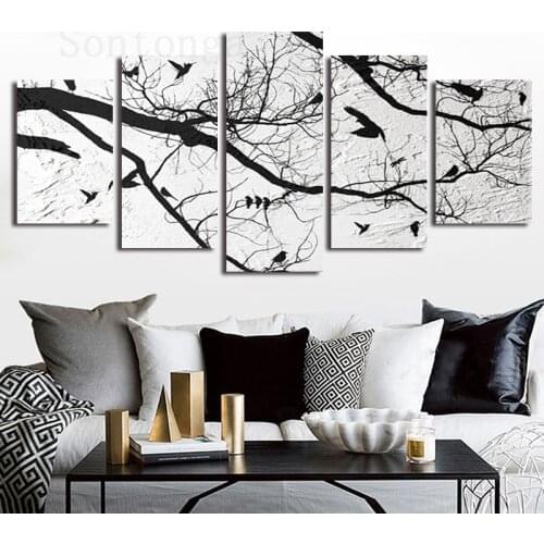 Decorative Painting Five Pieces of Tree Branch Bird Gray Tone Simple Style Modern Porch Living Room Corridor Frameless painting