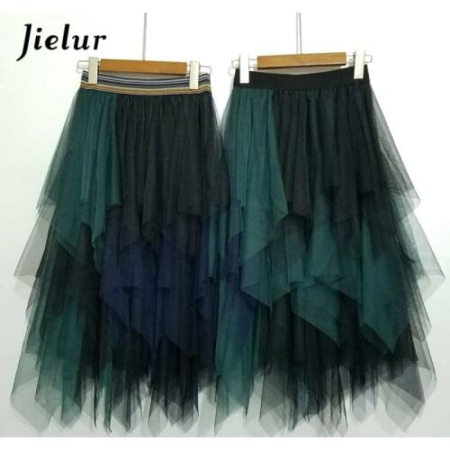 Jielur Tulle Skirt Spell Color Elastic High Waist Skirts Womens Dance Tutu Skirts Irregular Skirt Lolita Petticoat Midi Rokken