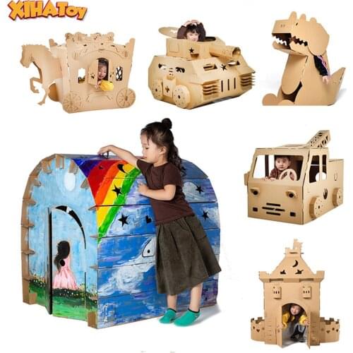 Cardboard Box Play House For Kids Paper Shell Box Hut Kindergarten Manual DIY Assembly Tent Castle Toy Montessori Game Gift