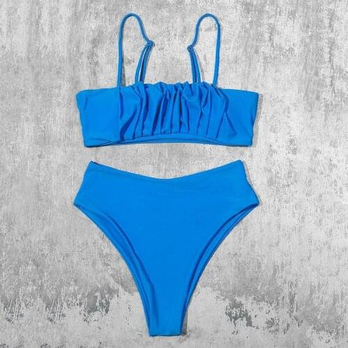 Bandeau push up swimsuit women Sexy solid fold bikini set High waist swimwear women Sport bathing suit Vintage beachwear