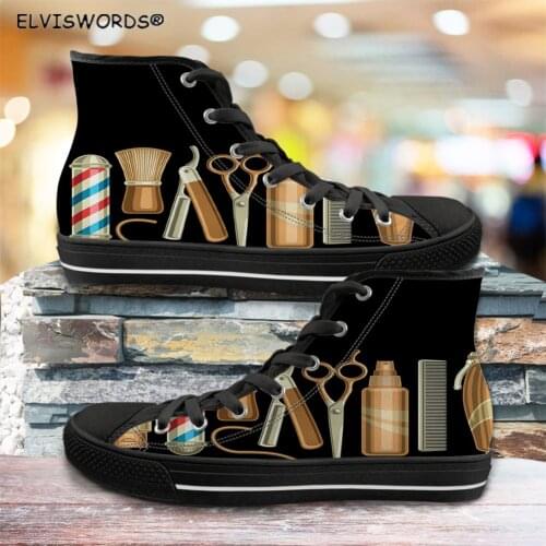 ELVISWORDS Fashion Hair Stylist Pattern Comfortable Mens Lace Up Canvas Classic High Top Vulcanized Shoes for Male Man Footwear